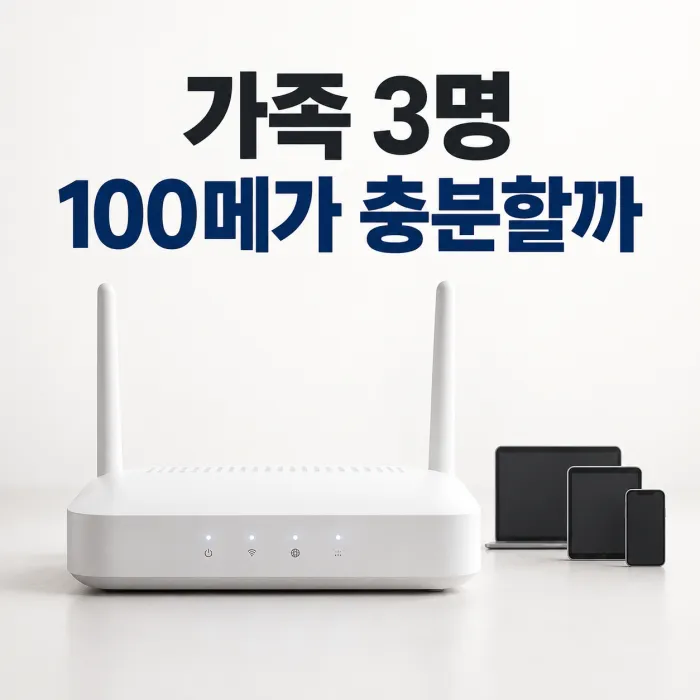 거실에서 가족 세 명이 TV와 노트북, 핸드폰을 사용하는 100메가 인터넷 가족 3명 속도 비교 장면