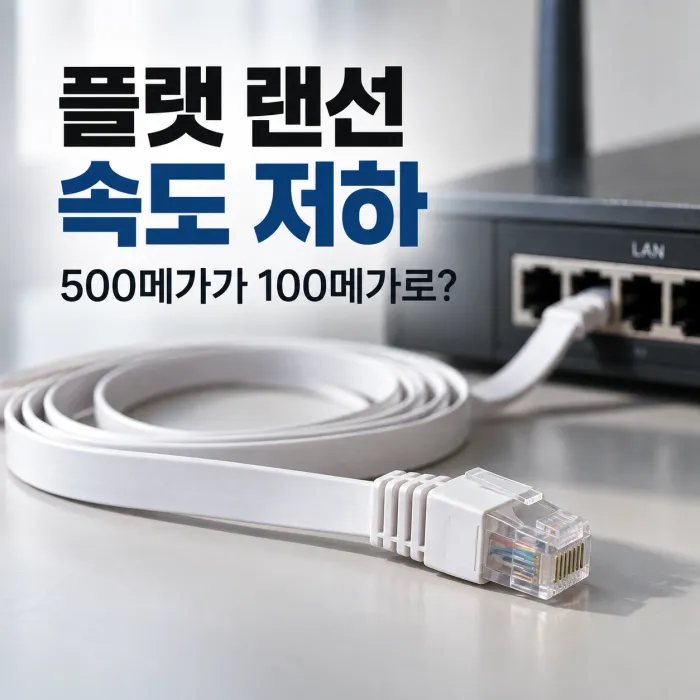 플랫 랜선 속도 저하로 500메가 인터넷이 100메가로 연결되는 원인을 보여주는 납작한 랜 케이블과 공유기