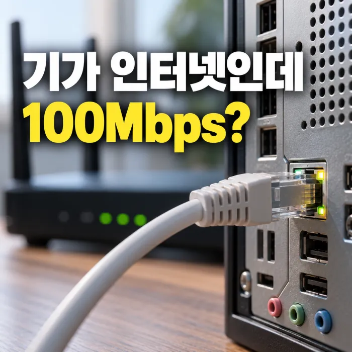 기가 인터넷인데 PC가 100Mbps로 잡힐 때 랜카드와 랜케이블 연결 상태를 확인하는 모습