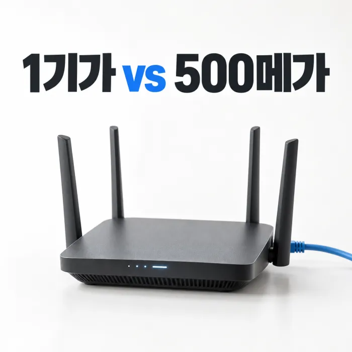 대용량 파일을 내려받는 PC에서 1기가 인터넷과 500메가 속도를 비교하는 장면