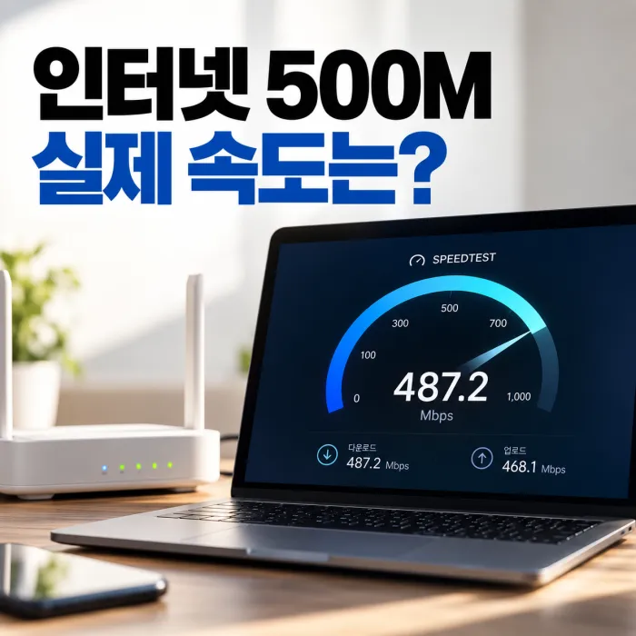 인터넷 500M 속도를 노트북에서 측정해 다운로드 487.2Mbps 결과를 확인하는 모습
