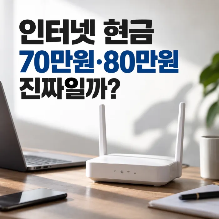 **ALT:** 인터넷 현금 70만원 80만원 지급 광고와 가입 전 사은품 조건 확인을 상징하는 와이파이 공유기 이미지