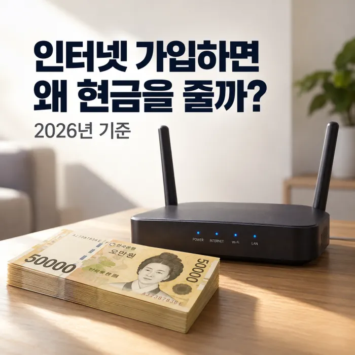 인터넷 가입 현금 지급 이유와 2026년 지원금 구조를 상징하는 와이파이 공유기와 현금 이미지