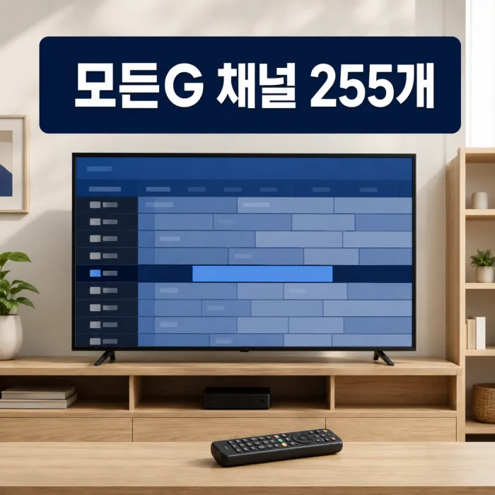 KT 지니 TV 모든G 채널 번호를 확인하는 TV 리모컨과 화면