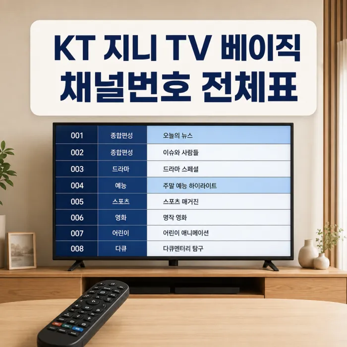 리모컨과 TV 화면에 표시한 KT 지니 TV 베이직 채널번호 안내 이미지