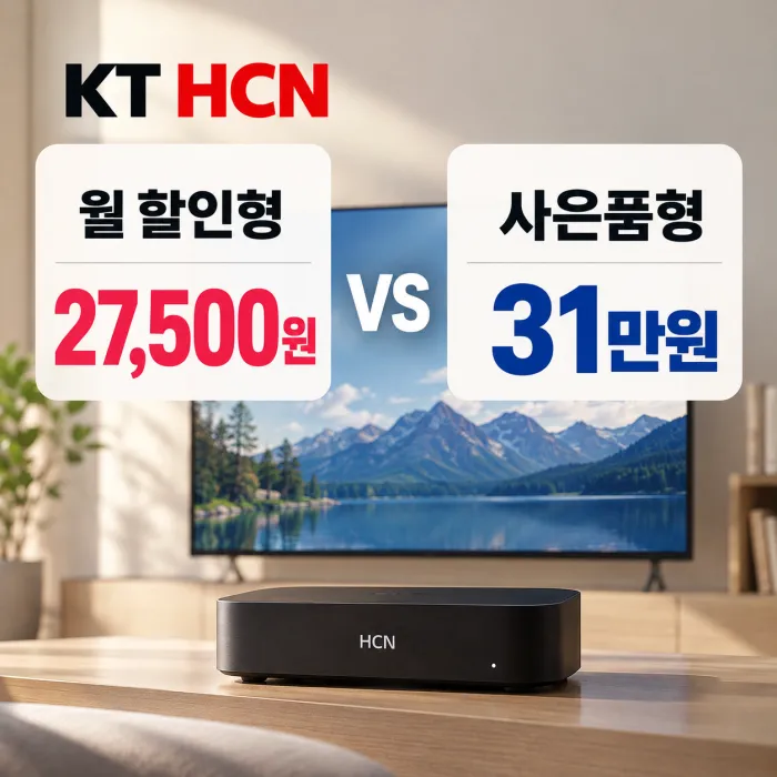 KT HCN 인터넷 TV 할인형 월 27,500원과 사은품형 31만원을 비교한 3년 요금 혜택 이미지