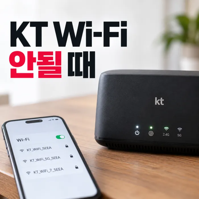 **추천 ALT:** `KT Wi-Fi 안될 때 공유기 LED와 휴대폰 Wi-Fi 연결 상태를 확인하는 자가점검 방법`