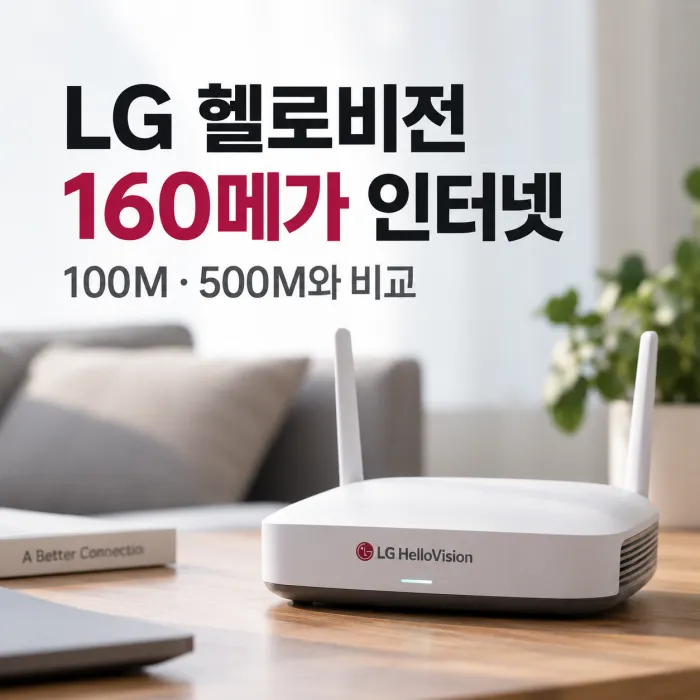 LG 헬로비전 160메가 인터넷 공유기와 100M 500M 인터넷 속도 비교를 표현한 이미지