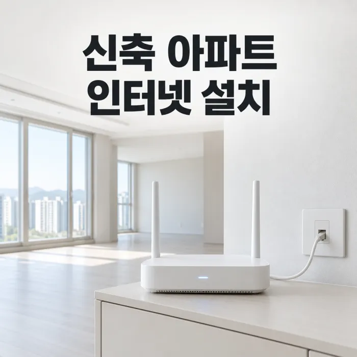 신축 아파트 거실에서 인터넷 설치와 와이파이 상태를 확인하는 모습, SK KT LG 인터넷 가입