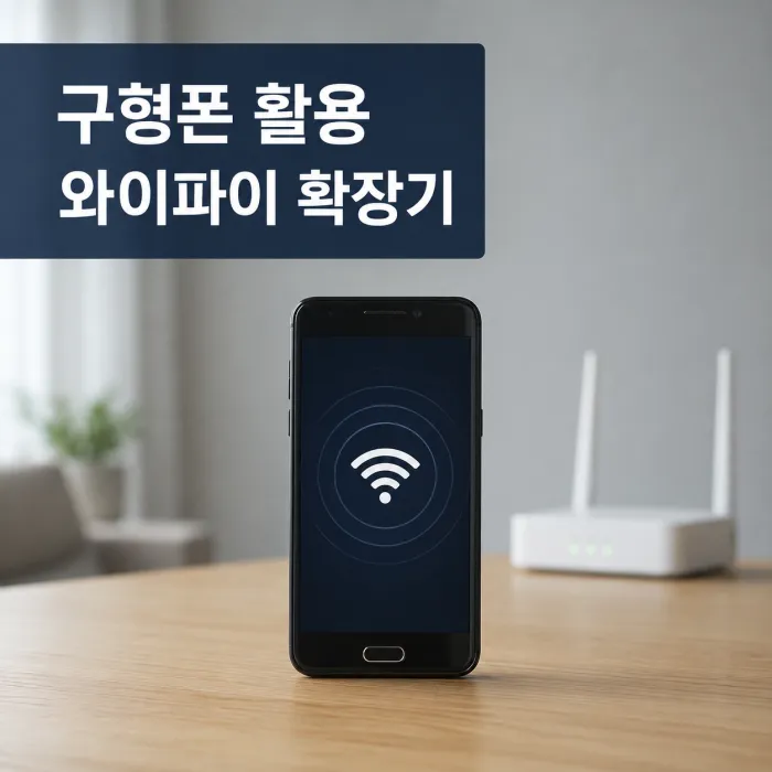 책상 위 구형 안드로이드폰 화면에 와이파이 신호가 표시된 안 쓰는 스마트폰 와이파이 확장기 이미지