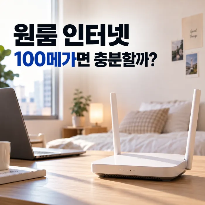 원룸 인터넷 100메가 속도 사용 환경을 보여주는 와이파이 공유기와 노트북