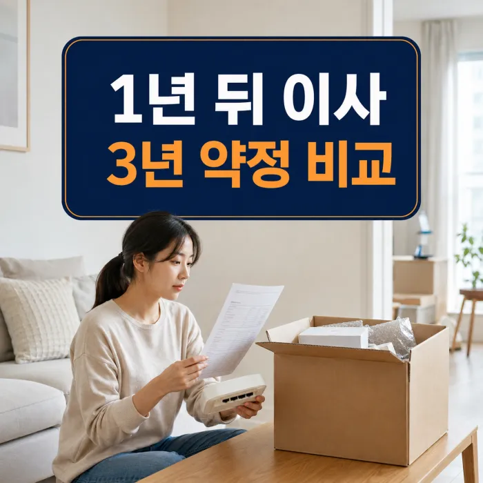 이사 예정자가 1년 약정과 3년 약정 인터넷 비용을 비교하는 모습
