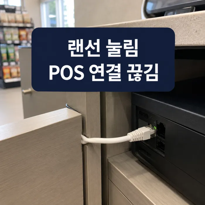 카운터 아래 눌리고 꺾인 랜선 단선 상태를 점검하는 모습