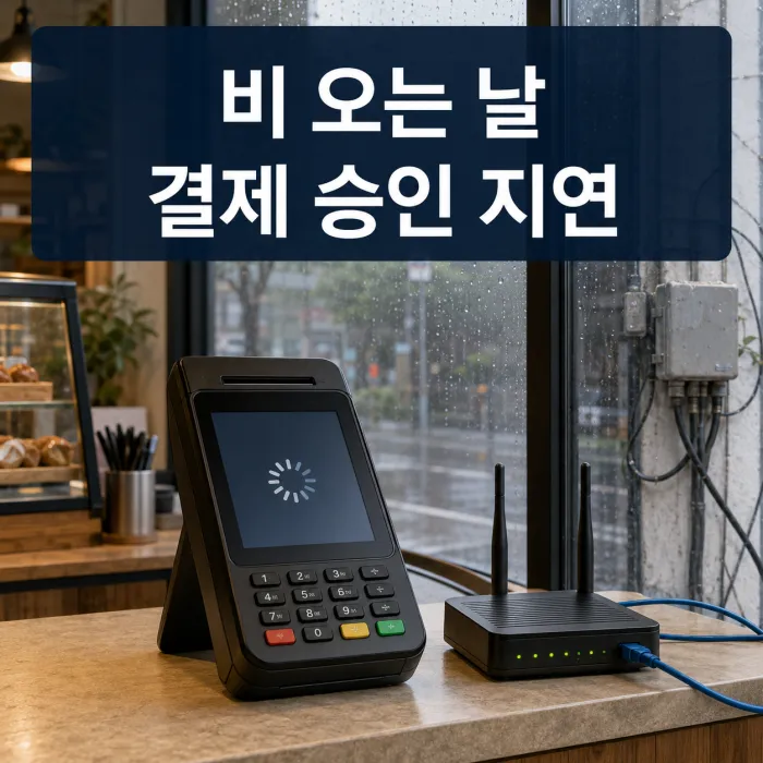 비 오는 날 카드 결제 지연이 발생한 매장에서 카드단말기와 인터넷 장비를 점검하는 모습