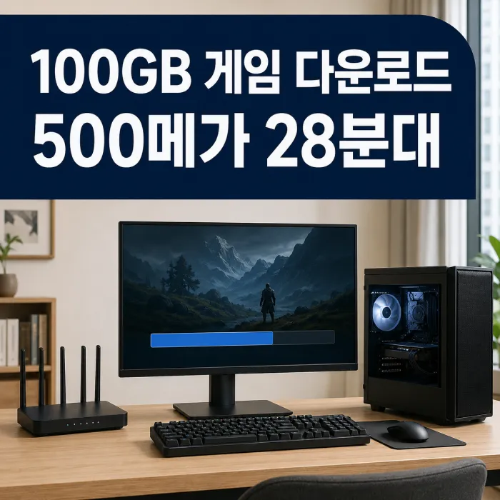 스팀 100GB 게임 다운로드 시간을 100메가와 500메가 인터넷으로 비교한 화면