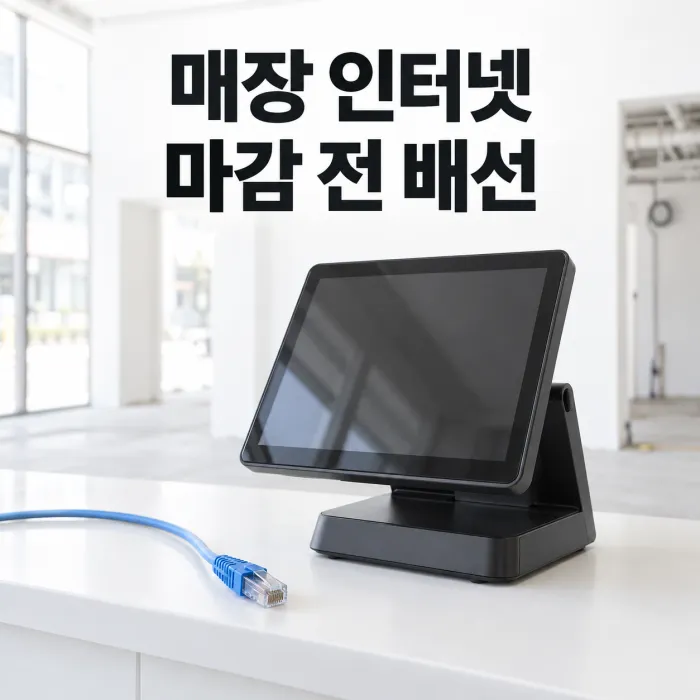 인터넷 신청 타이밍에 맞춰 인테리어 중인 매장 카운터의 랜선과 POS 설치 위치를 점검하는 모습