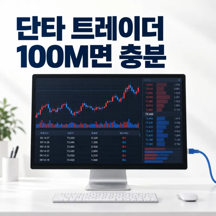 단타 트레이더 인터넷 속도를 확인하는 한국인 투자자와 유선 연결된 거래용 PC