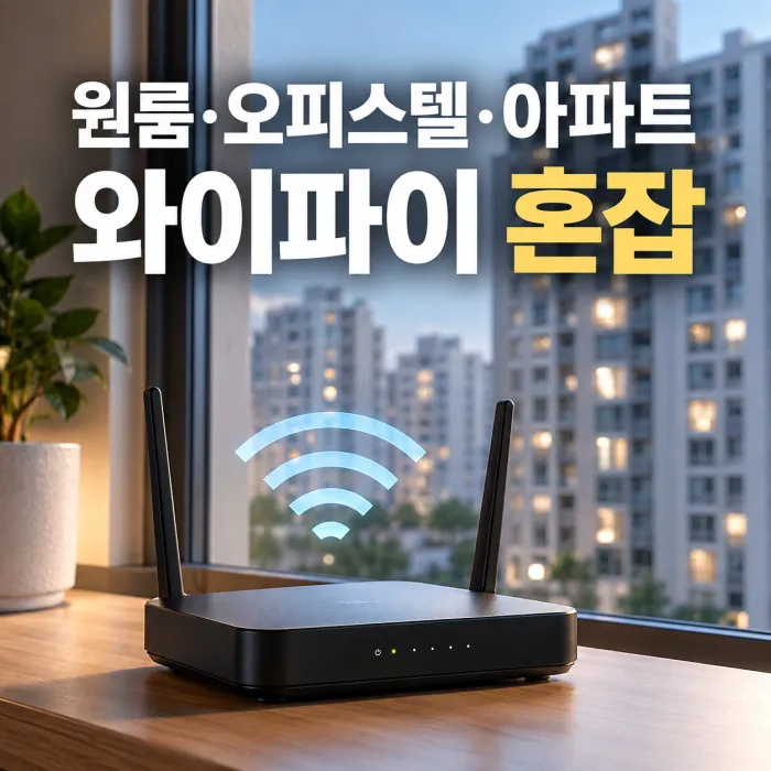 원룸·오피스텔·아파트 밀집 지역에서 와이파이 혼잡으로 속도 저하가 발생하는 공유기 환경