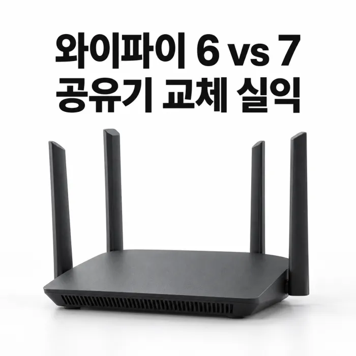 Wi-Fi 6 vs Wi-Fi 7 공유기와 500M·1G 회선의 속도 측정 화면을 비교한 이미지