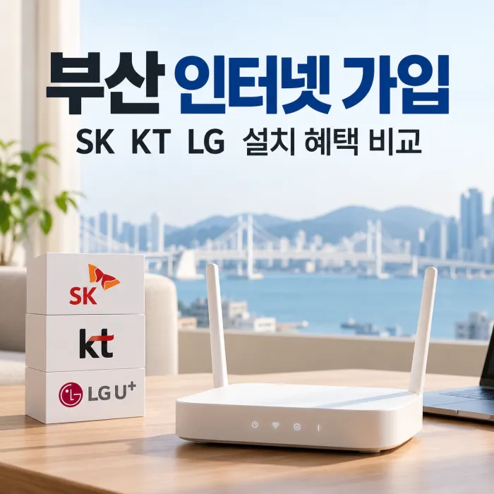 부산 인터넷 가입 전 SK KT LG 설치 혜택을 비교하는 와이파이 공유기와 부산 광안대교 배경 이미지