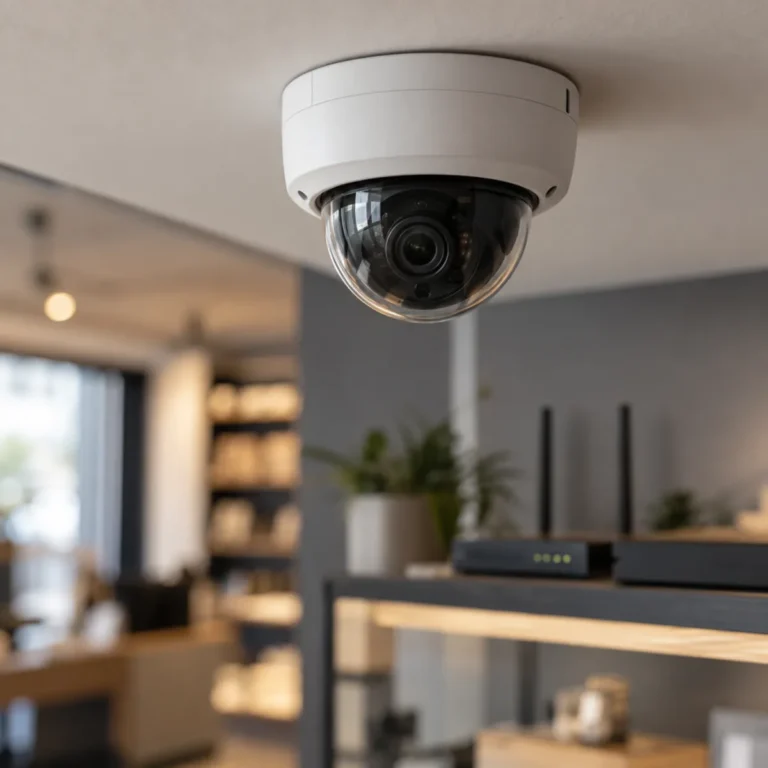 사업장 천장에 설치된 돔형 CCTV 카메라와 배경의 인터넷 공유기, CCTV 2대·4대 추가 설치 시 인터넷 속도 선택을 위한 네트워크 환경