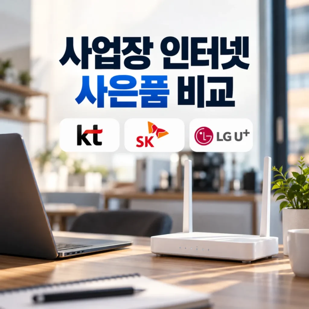 사업장 인터넷 사은품 비교를 주제로 KT·SK·LG U+ 통신사 로고와 소상공인 사무실 책상 위 와이파이 공유기 및 노트북을 배치한 이미지