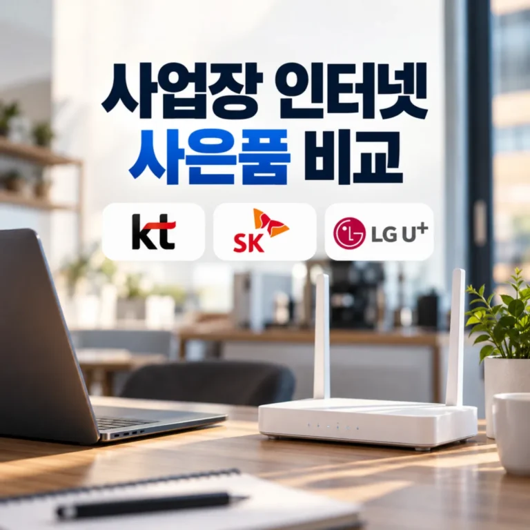 사업장 인터넷 사은품 비교를 주제로 KT·SK·LG U+ 통신사 로고와 소상공인 사무실 책상 위 와이파이 공유기 및 노트북을 배치한 이미지