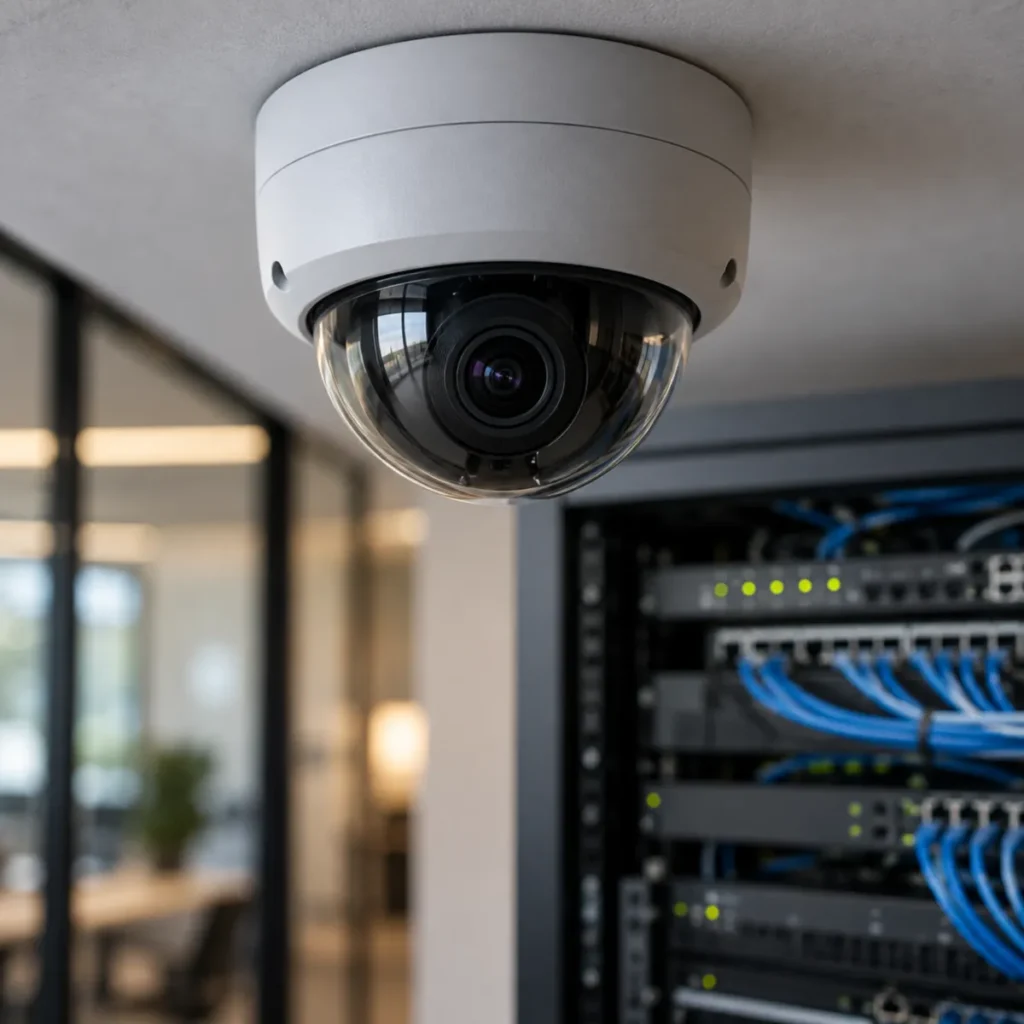 사업장 CCTV 카메라와 네트워크 장비를 함께 구성해 인터넷 업로드 속도와 대칭형 회선 환경을 점검하는 모습