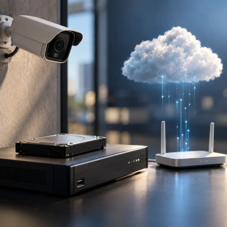 CCTV NVR 저장 장치와 클라우드 저장 방식의 인터넷 업로드 차이를 표현한 CCTV 카메라와 네트워크 장비
