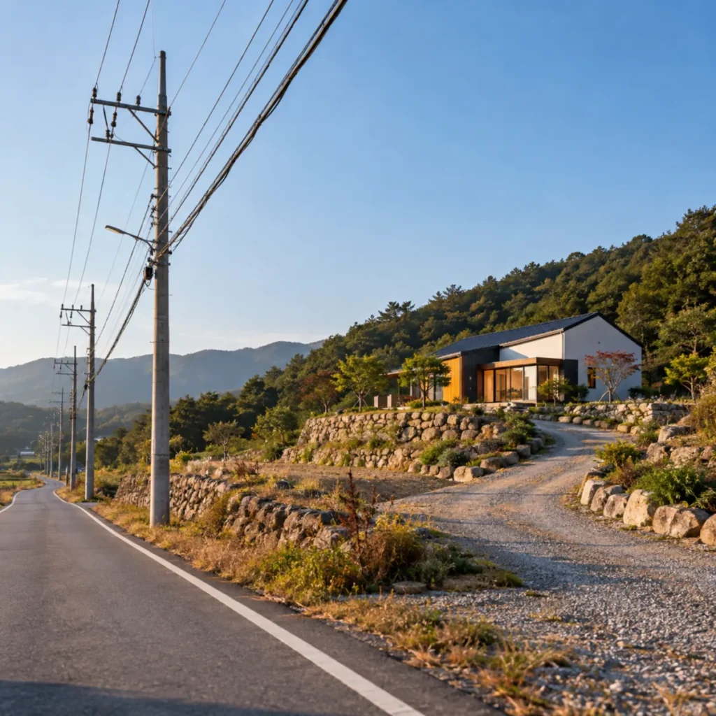 전원주택 인터넷 설치 전 도로 통신선에서 집까지의 인입 거리와 전주 선로 경로를 보여주는 전원주택 모습