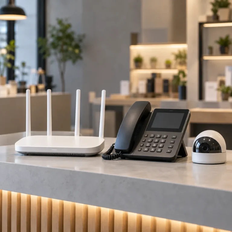 LG U+ 소호 500메가 인터넷과 AI전화, CCTV 1대 결합 서비스를 상징하는 매장 카운터 위 와이파이 공유기, 인터넷전화기, 보안 카메라