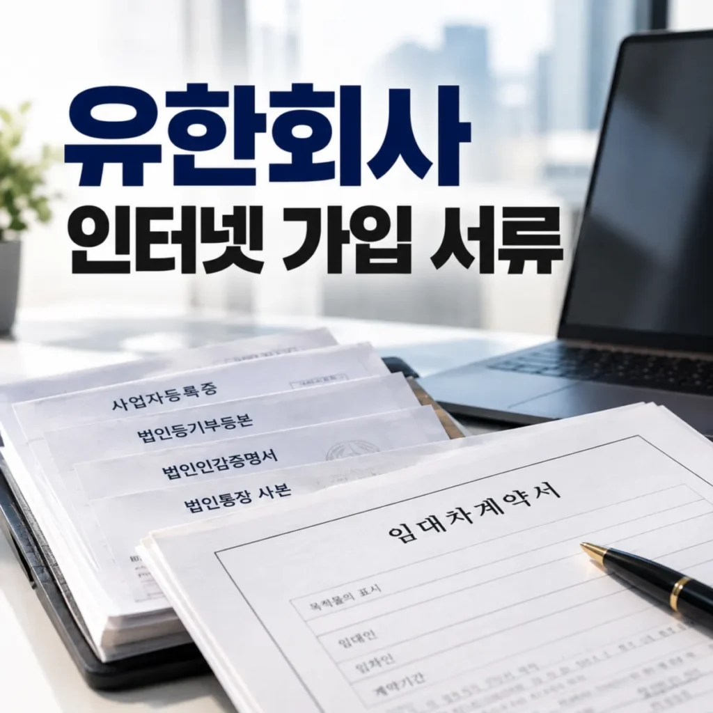 유한회사 법인 인터넷 가입 시 필요한 사업자등록증, 법인등기부등본, 법인인감증명서, 법인통장 사본과 추가 제출 서류인 사무실 임대차계약서