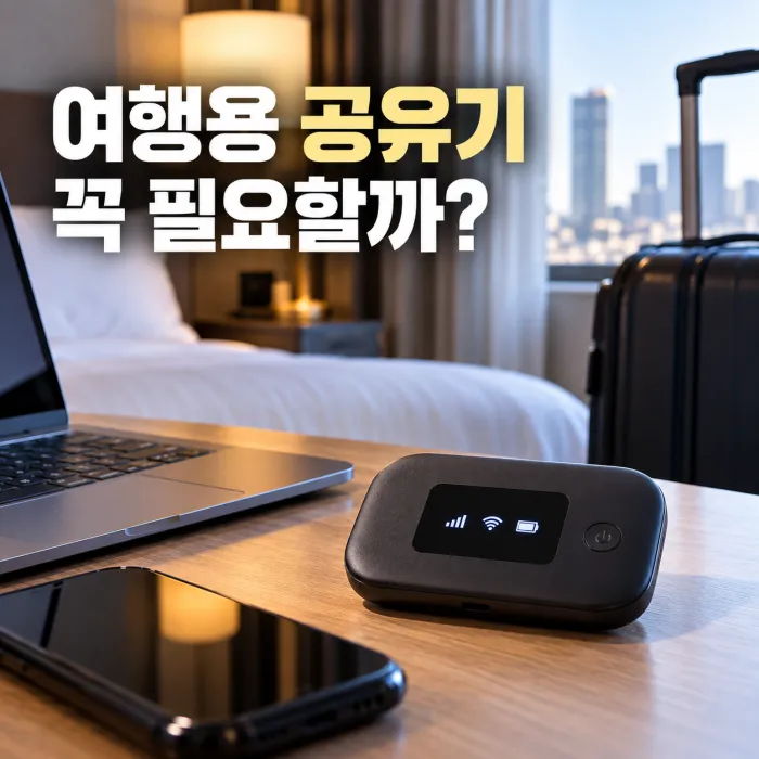 호텔 객실에서 에그형 여행용 공유기로 노트북과 스마트폰을 와이파이에 연결하는 모습