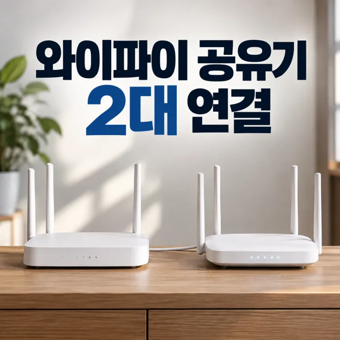 와이파이 공유기 2대를 유선으로 연결한 가정용 네트워크 구성과 AP·메시 연결 차이 안내 이미지